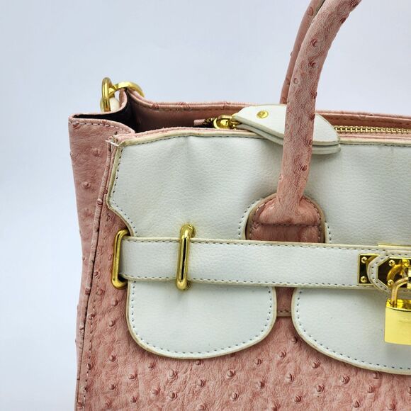 Nillie Pink Embossed Faux Leather Lock Satchel Tote Bag - Picture 8 of 13